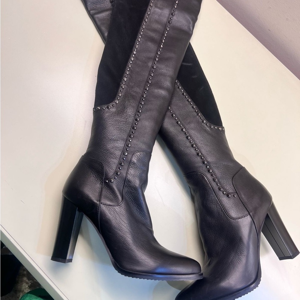 NWT MADE IN ITALY Black Over the Knee Boots leather High Heel and Fitted Shaft